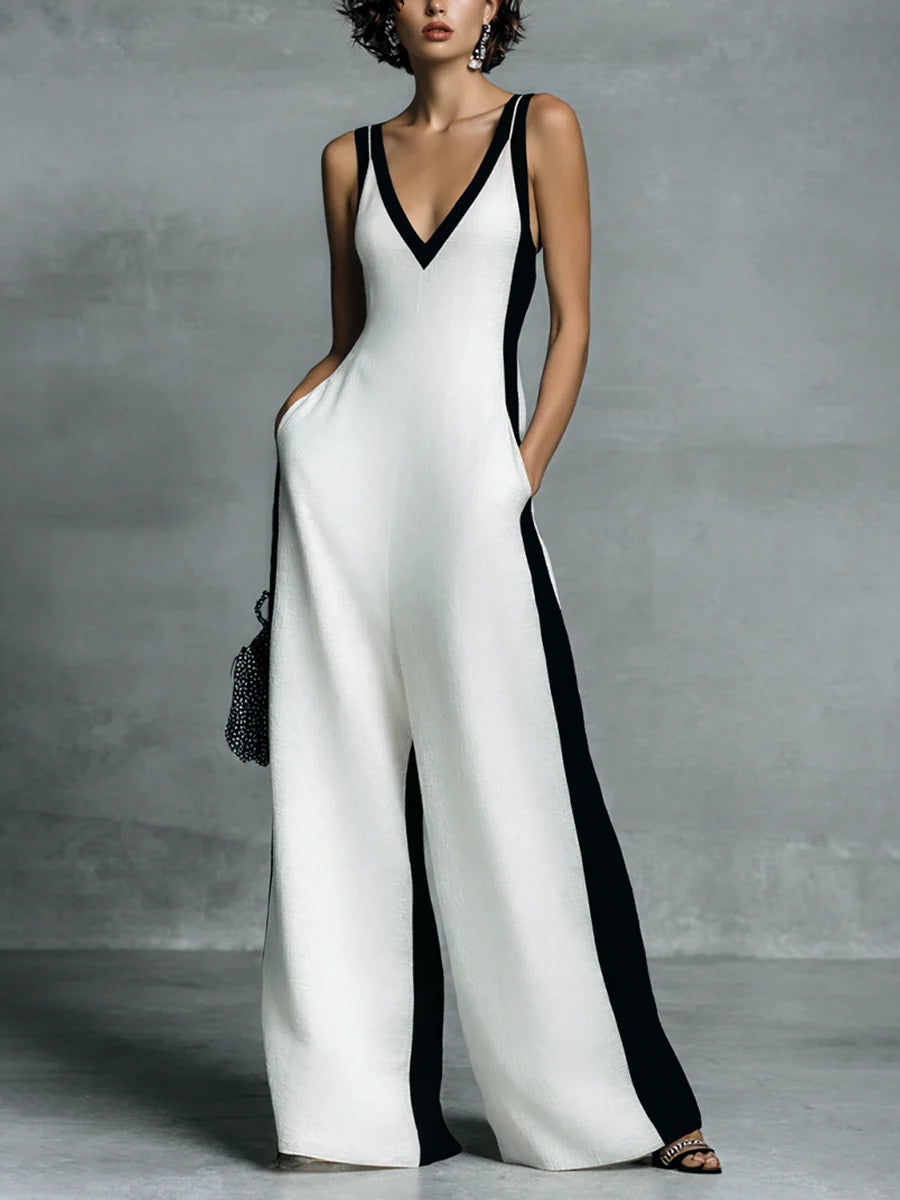  Elegant Contrast Wide-Leg Jumpsuit