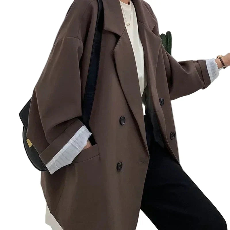 Vintage Blazer for Dame – Løs Dobbelspent Dressjakke Med Lange Ermer | Elegant & Trendy Høststil 2025