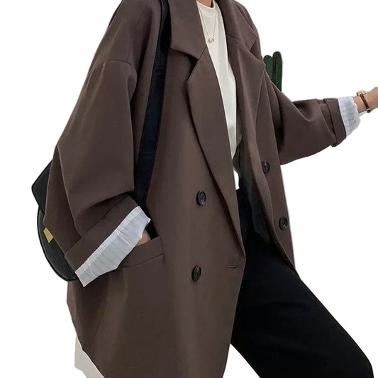 Vintage Blazer for Dame – Løs Dobbelspent Dressjakke Med Lange Ermer | Elegant & Trendy Høststil 2025