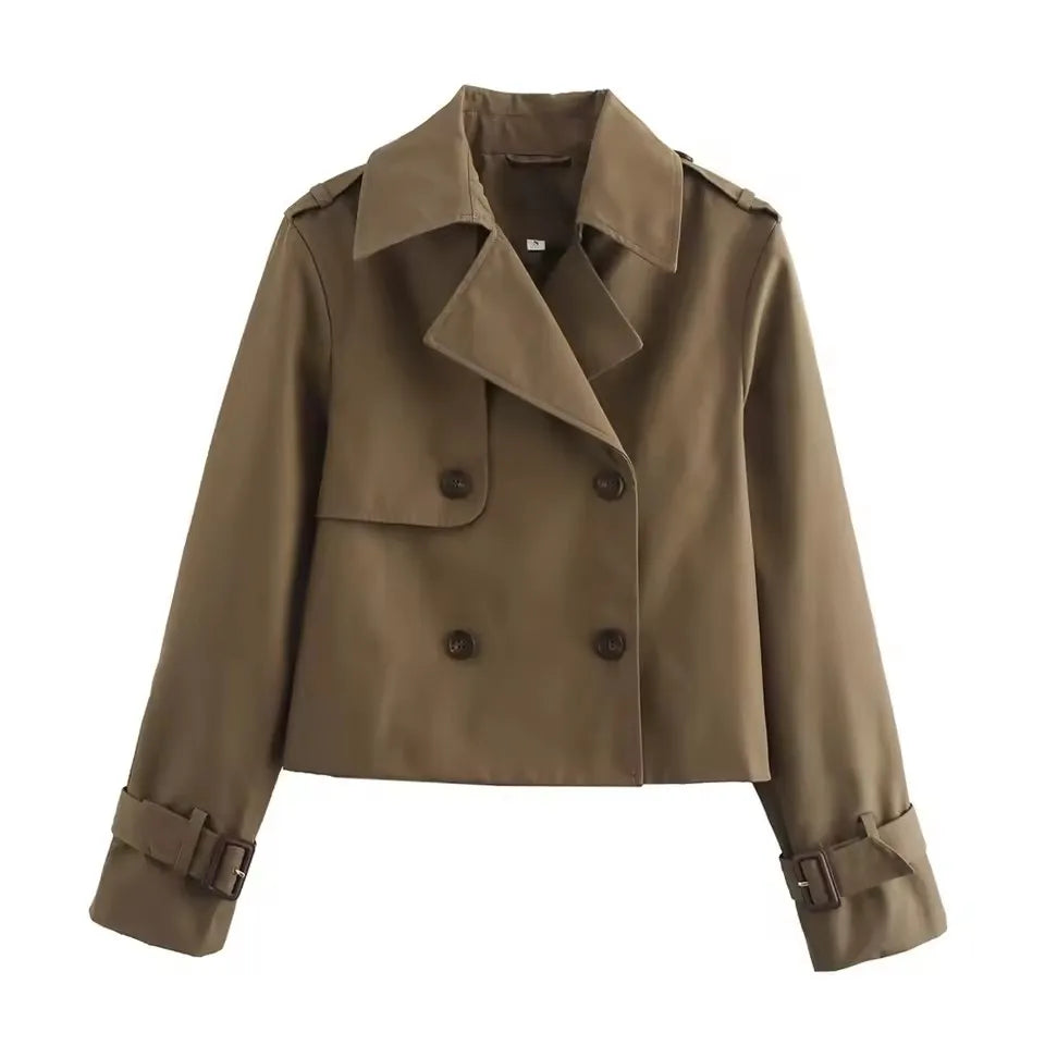  New Vintage Cropped Trench Jackets Women Streetwear Double Breasted Long Sleeve Tops Female Chic Coat Outfits