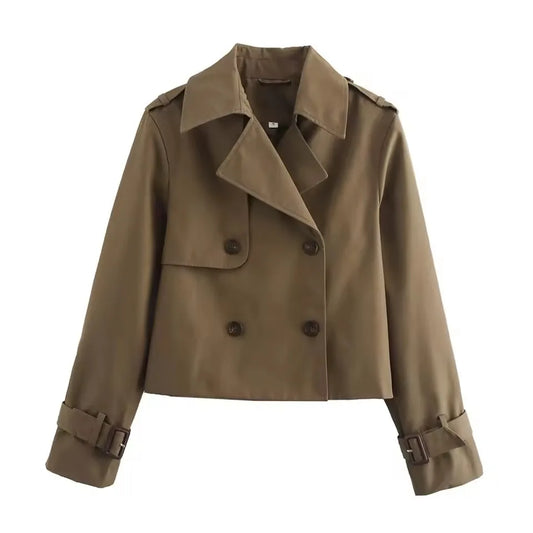  New Vintage Cropped Trench Jackets Women Streetwear Double Breasted Long Sleeve Tops Female Chic Coat Outfits