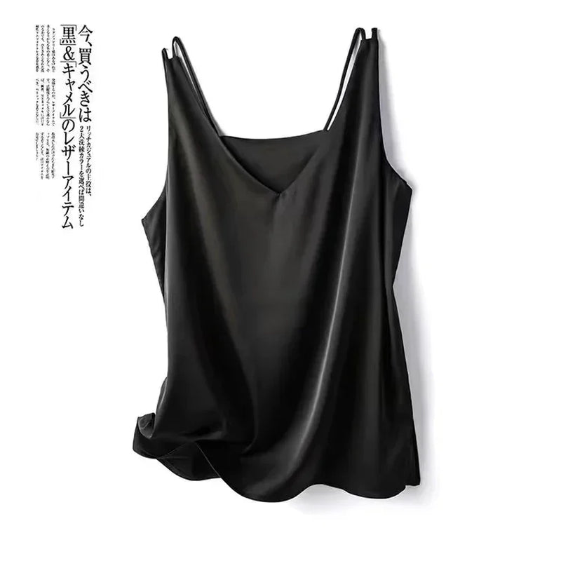 Woman T-Shirts Elegant SILK Satin Blouse Sleeveless Female Summer Casual Loose Tanks and Camis Solid Green Tops for Women