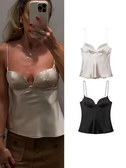 New Summer Satin Textured Black Sling Tops Women Elegant V-Neck Backless Tops Shirt Women Sexy Tops Club Party Tanks
