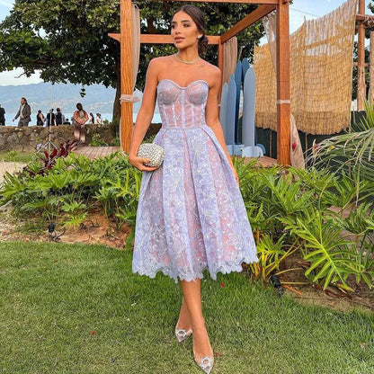 Strapless Lace Midi Prom Dress - Elegant - Formal Evening