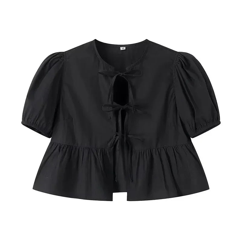 Ruffle Blouses Woman Puff Sleeve Shirts and Blouses for Women White Black Ruched Crop Top Female Ruched Women'S Blouse