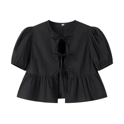 Ruffle Blouses Woman Puff Sleeve Shirts and Blouses for Women White Black Ruched Crop Top Female Ruched Women'S Blouse