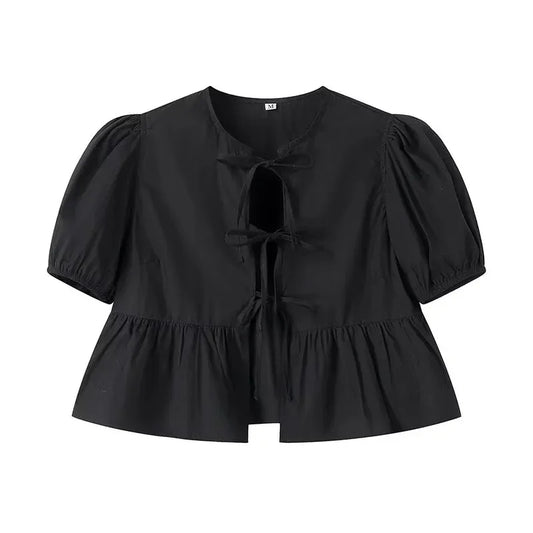 Ruffle Blouses Woman Puff Sleeve Shirts and Blouses for Women White Black Ruched Crop Top Female Ruched Women'S Blouse