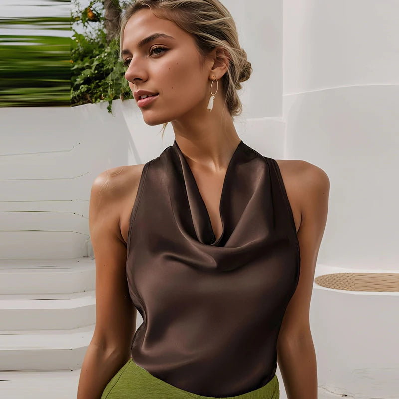 Top Women Halter Satin Women Tops Backless Corset Top Vest Yellow Pink Black Summer Elegant Sexy Tops Tank Vestidos