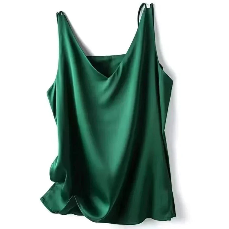 Woman T-Shirts Elegant SILK Satin Blouse Sleeveless Female Summer Casual Loose Tanks and Camis Solid Green Tops for Women