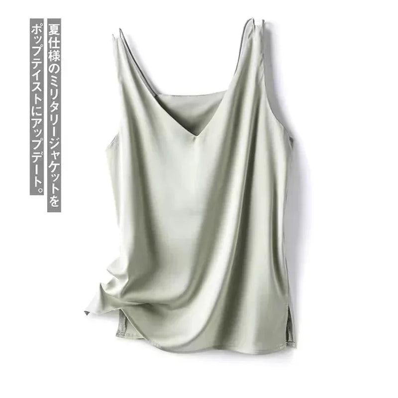 Woman T-Shirts Elegant SILK Satin Blouse Sleeveless Female Summer Casual Loose Tanks and Camis Solid Green Tops for Women