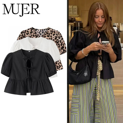 Ruffle Blouses Woman Puff Sleeve Shirts and Blouses for Women White Black Ruched Crop Top Female Ruched Women'S Blouse