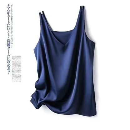 Woman T-Shirts Elegant SILK Satin Blouse Sleeveless Female Summer Casual Loose Tanks and Camis Solid Green Tops for Women
