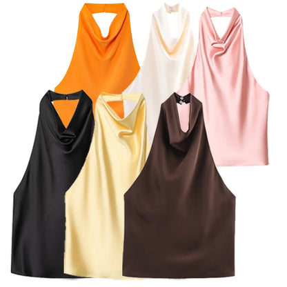 Top Women Halter Satin Women Tops Backless Corset Top Vest Yellow Pink Black Summer Elegant Sexy Tops Tank Vestidos