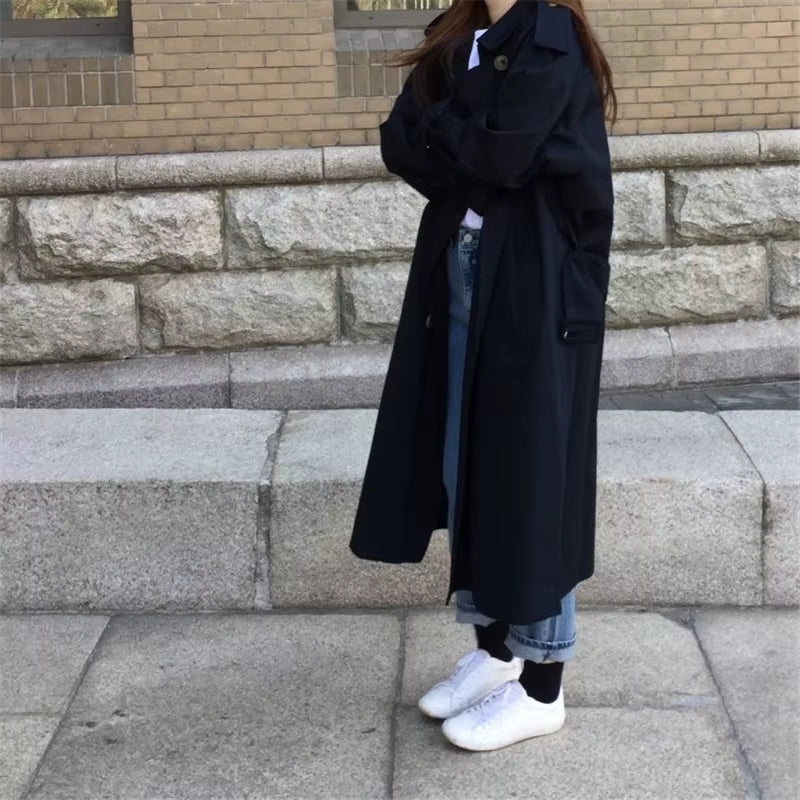 Khaki Long Trench Coat Women Loose Female Windbreaker Fashion Trench Coats Casual Outerwear P552