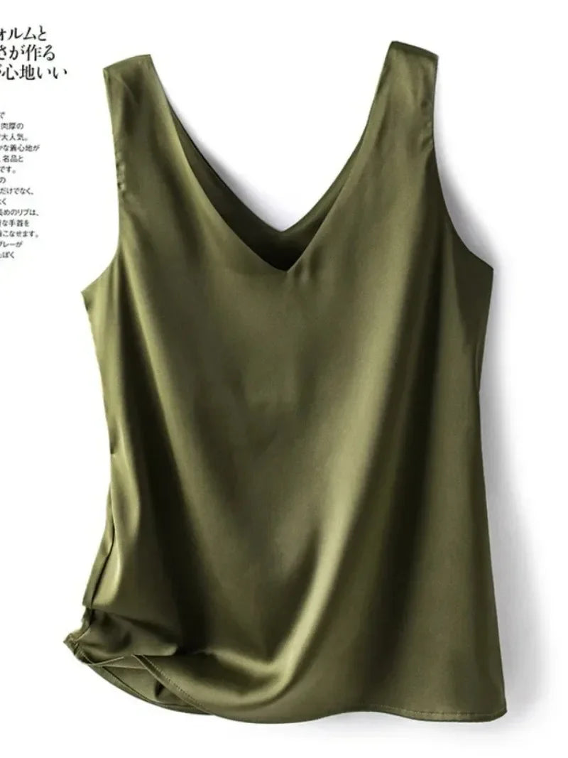 Woman T-Shirts Elegant SILK Satin Blouse Sleeveless Female Summer Casual Loose Tanks and Camis Solid Green Tops for Women