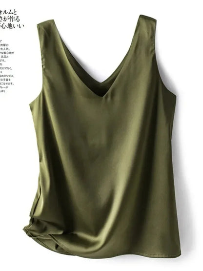 Woman T-Shirts Elegant SILK Satin Blouse Sleeveless Female Summer Casual Loose Tanks and Camis Solid Green Tops for Women