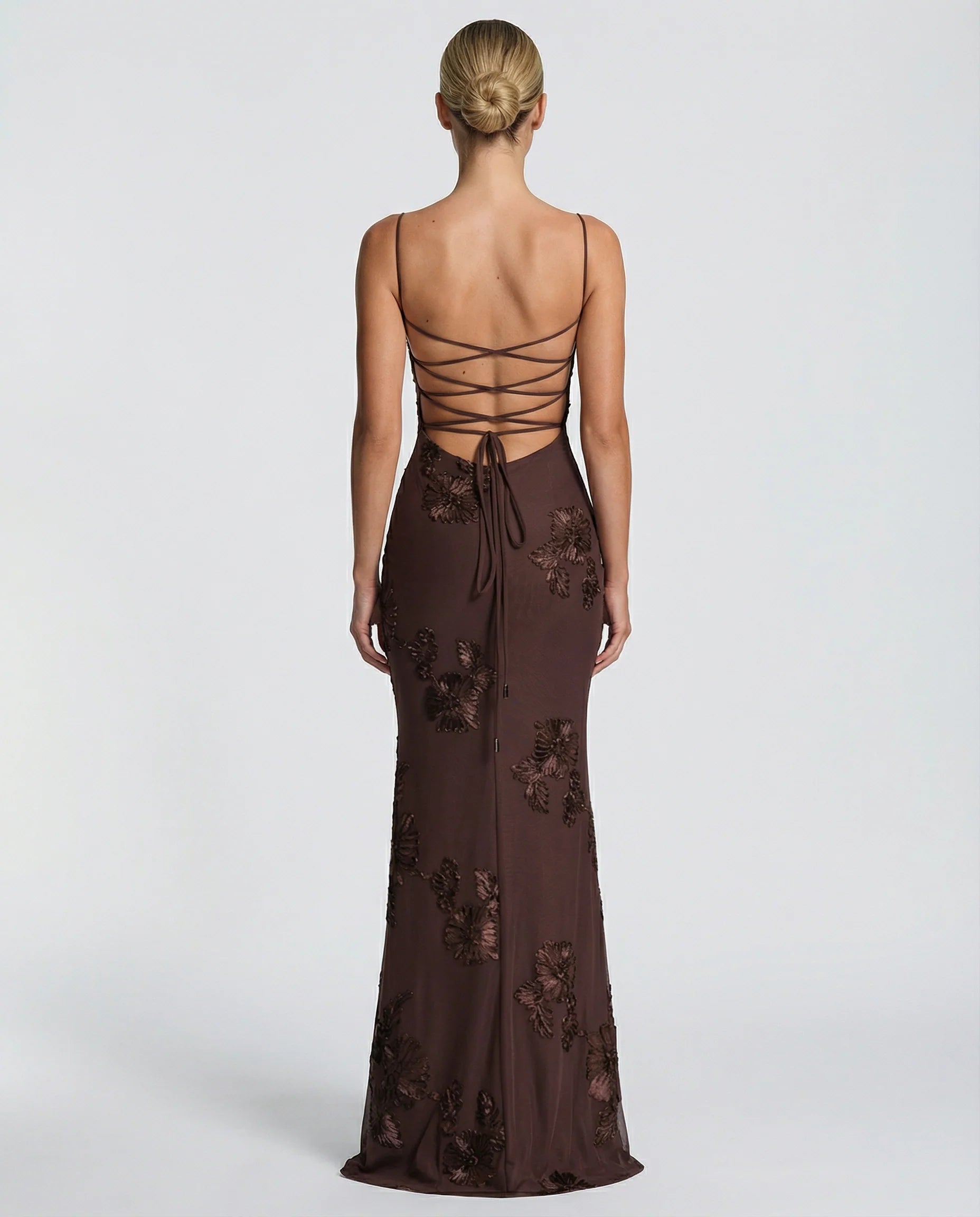 Angela | Maxi Dress with Floral Appliqué and Lace-Up Back