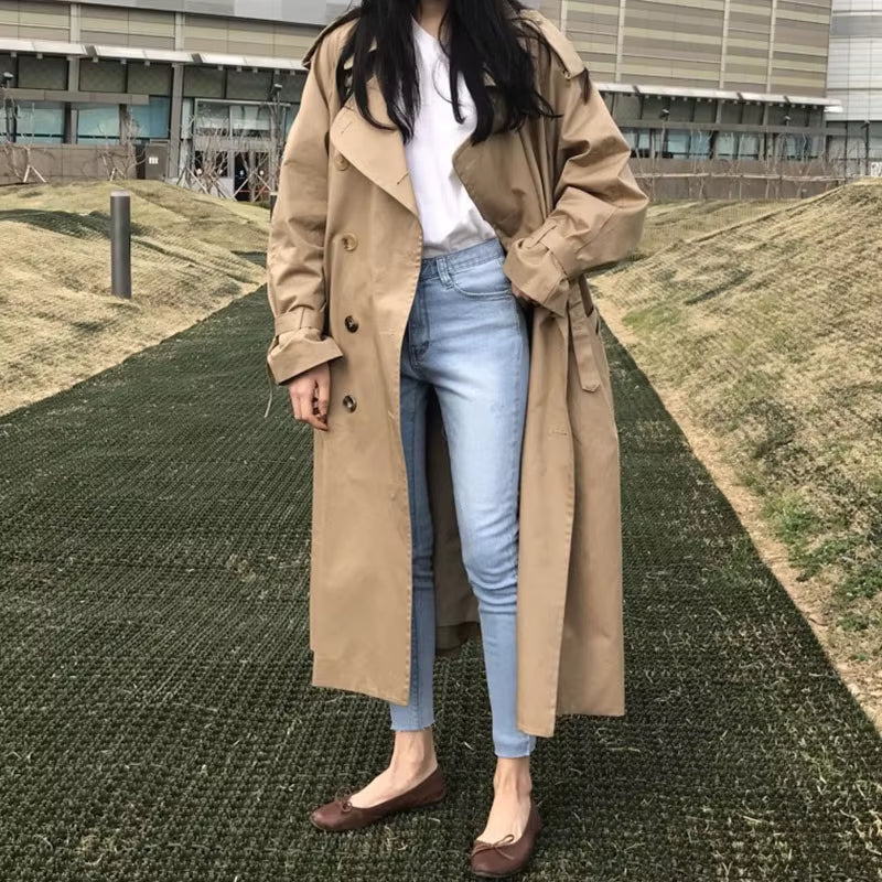 Khaki Long Trench Coat Women Loose Female Windbreaker Fashion Trench Coats Casual Outerwear P552