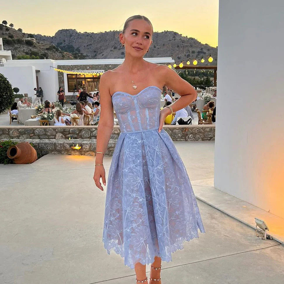 Strapless Lace Midi Prom Dress - Elegant - Formal Evening