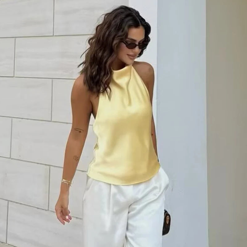 Top Women Halter Satin Women Tops Backless Corset Top Vest Yellow Pink Black Summer Elegant Sexy Tops Tank Vestidos