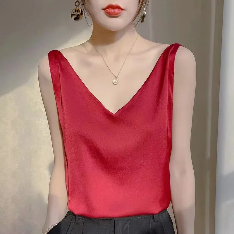 Woman T-Shirts Elegant SILK Satin Blouse Sleeveless Female Summer Casual Loose Tanks and Camis Solid Green Tops for Women