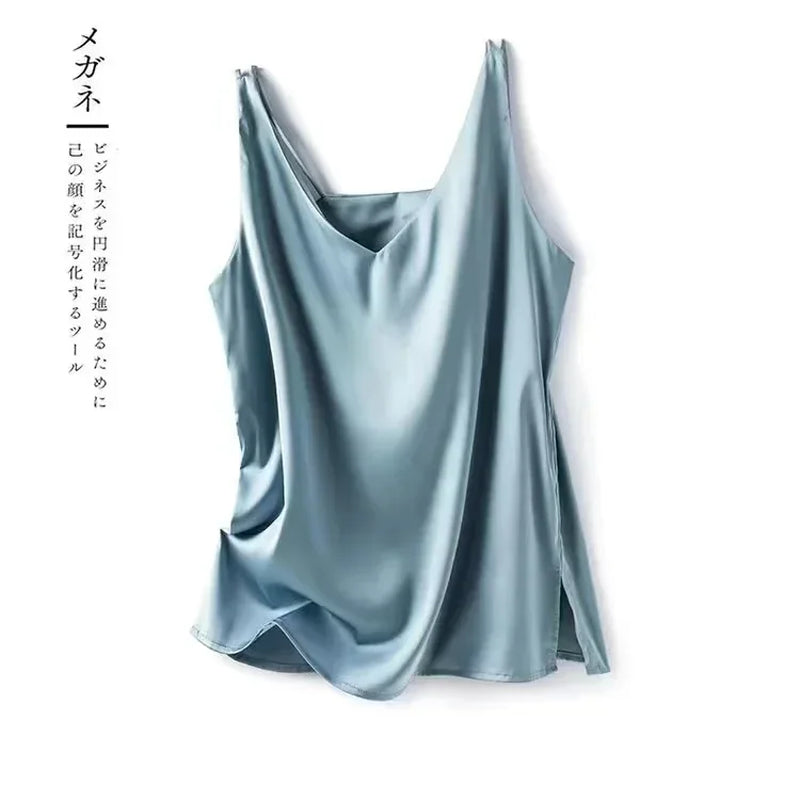 Woman T-Shirts Elegant SILK Satin Blouse Sleeveless Female Summer Casual Loose Tanks and Camis Solid Green Tops for Women