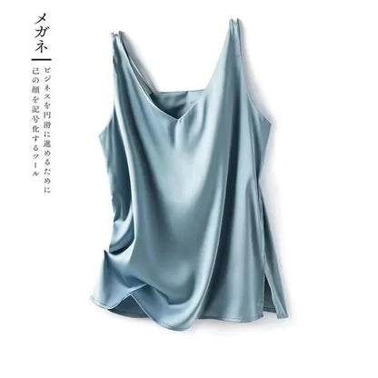 Woman T-Shirts Elegant SILK Satin Blouse Sleeveless Female Summer Casual Loose Tanks and Camis Solid Green Tops for Women