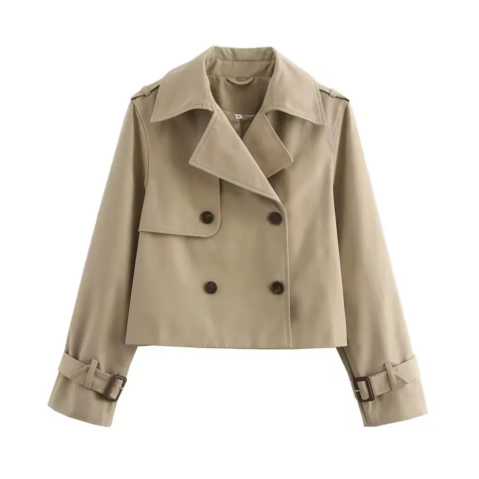  New Vintage Cropped Trench Jackets Women Streetwear Double Breasted Long Sleeve Tops Female Chic Coat Outfits