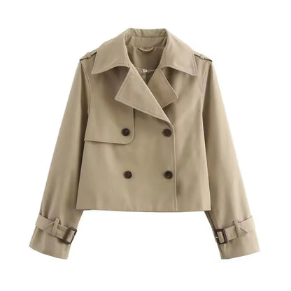  New Vintage Cropped Trench Jackets Women Streetwear Double Breasted Long Sleeve Tops Female Chic Coat Outfits