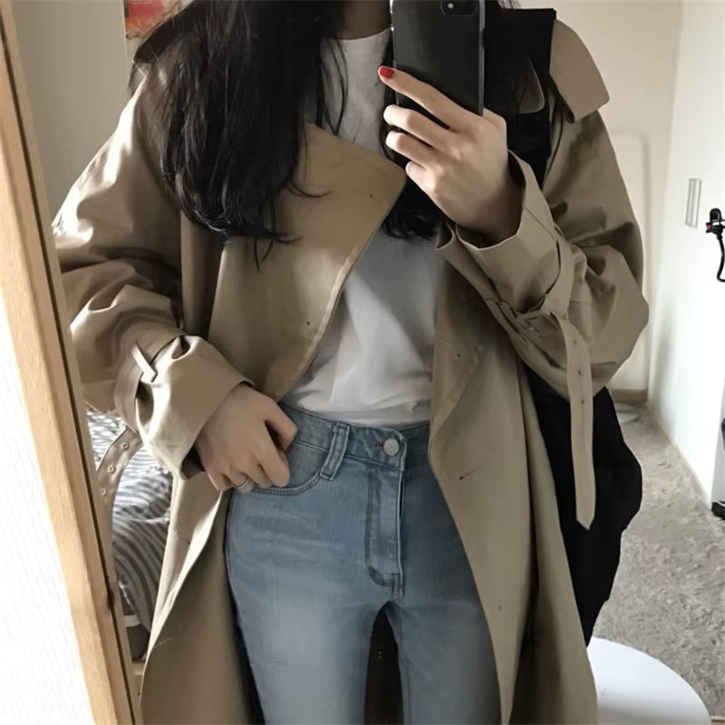 Khaki Long Trench Coat Women Loose Female Windbreaker Fashion Trench Coats Casual Outerwear P552