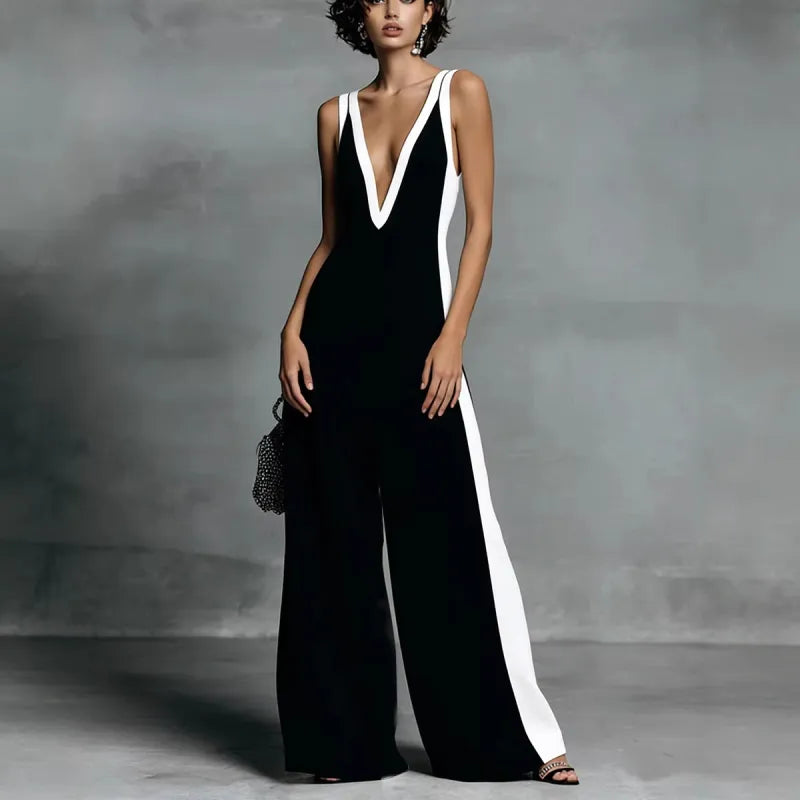  Elegant Contrast Wide-Leg Jumpsuit