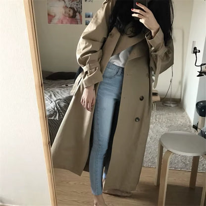 Khaki Long Trench Coat Women Loose Female Windbreaker Fashion Trench Coats Casual Outerwear P552