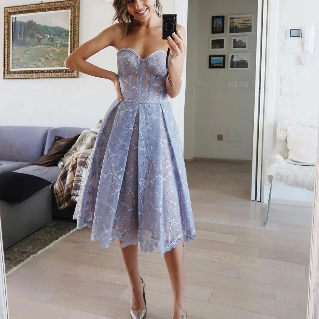 Strapless Lace Midi Prom Dress - Elegant - Formal Evening