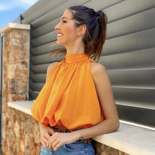 Orange Crop Ladies Shirts Halter Sleeveless Girl Summer Blusas Clothing Female Chic Tops