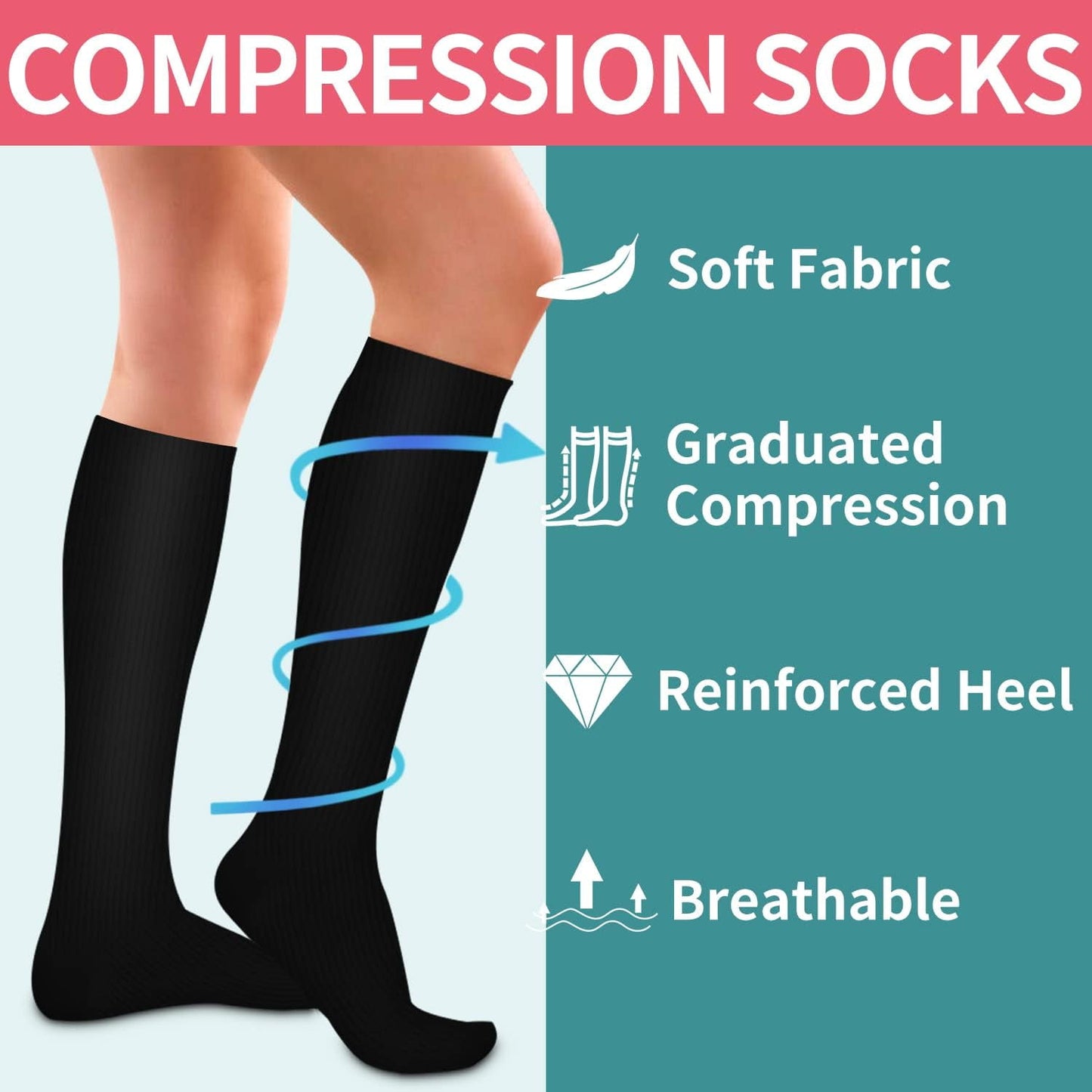 Compression Socks for Nurses & Active Women – 6 Pairs S/M (Black)