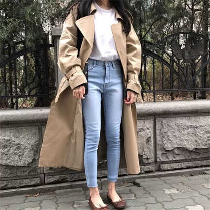 Khaki Long Trench Coat Women Loose Female Windbreaker Fashion Trench Coats Casual Outerwear P552