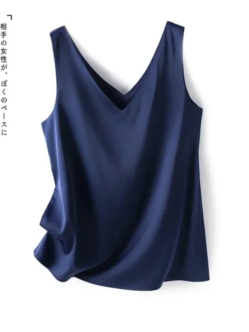 Woman T-Shirts Elegant SILK Satin Blouse Sleeveless Female Summer Casual Loose Tanks and Camis Solid Green Tops for Women