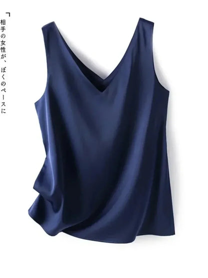 Woman T-Shirts Elegant SILK Satin Blouse Sleeveless Female Summer Casual Loose Tanks and Camis Solid Green Tops for Women