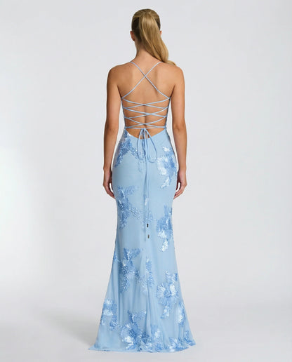 Angela | Maxi Dress with Floral Appliqué and Lace-Up Back