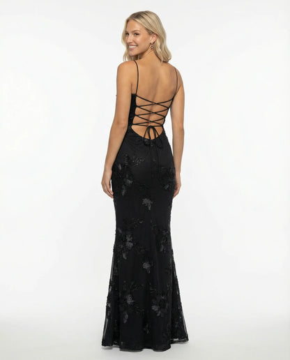 Angela | Maxi Dress with Floral Appliqué and Lace-Up Back
