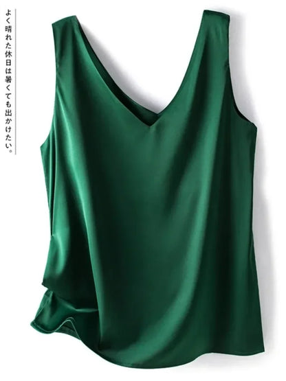 Woman T-Shirts Elegant SILK Satin Blouse Sleeveless Female Summer Casual Loose Tanks and Camis Solid Green Tops for Women