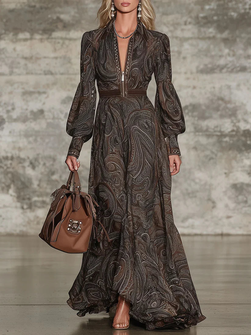 Elegant Vintage Maxi Dress with Paisley Pattern and Zipper
