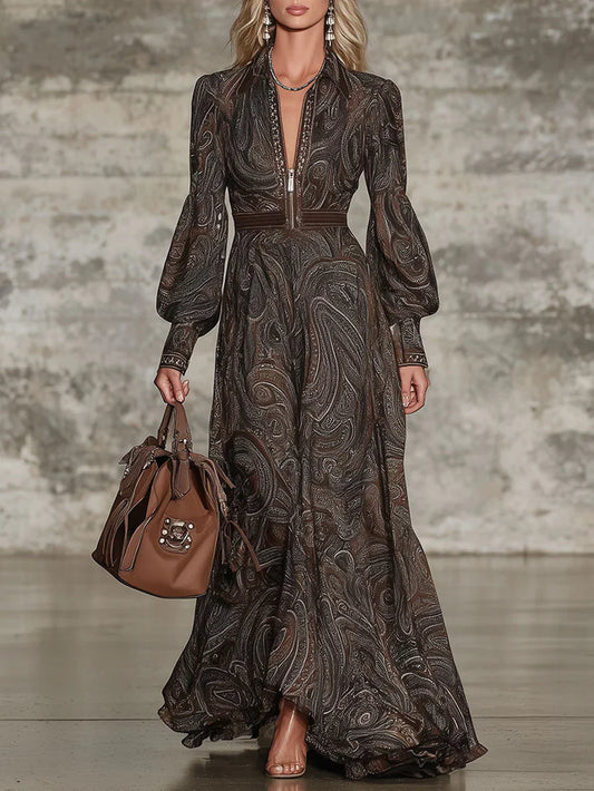 Elegant Vintage Maxi Dress with Paisley Pattern and Zipper