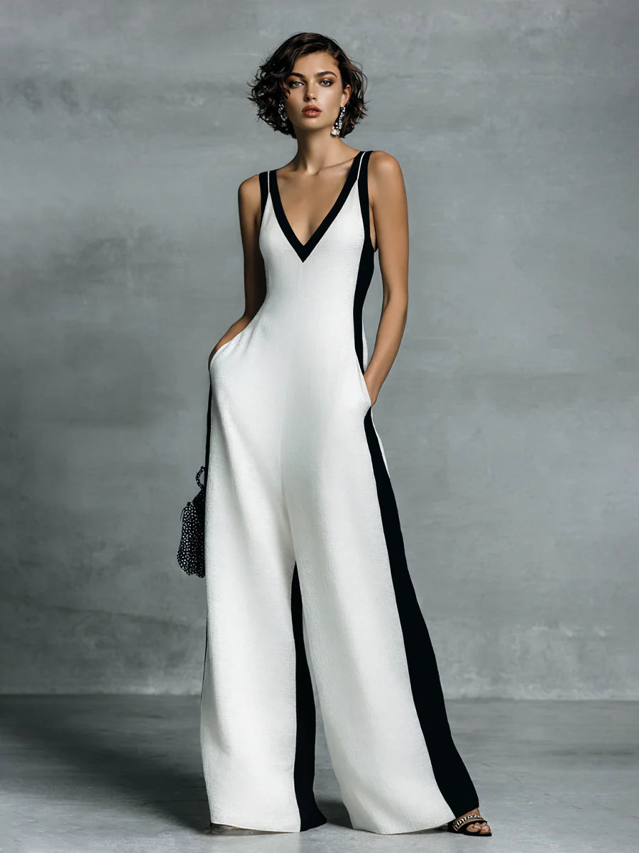  Elegant Contrast Wide-Leg Jumpsuit