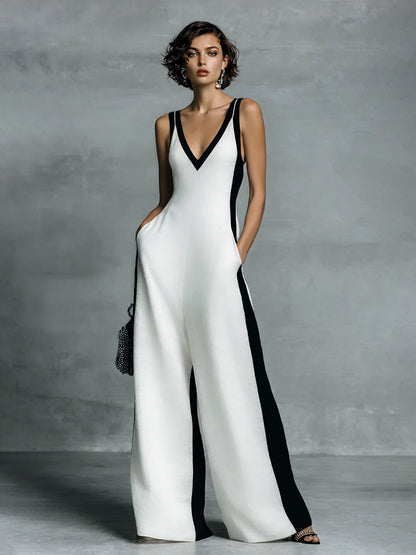  Elegant Contrast Wide-Leg Jumpsuit