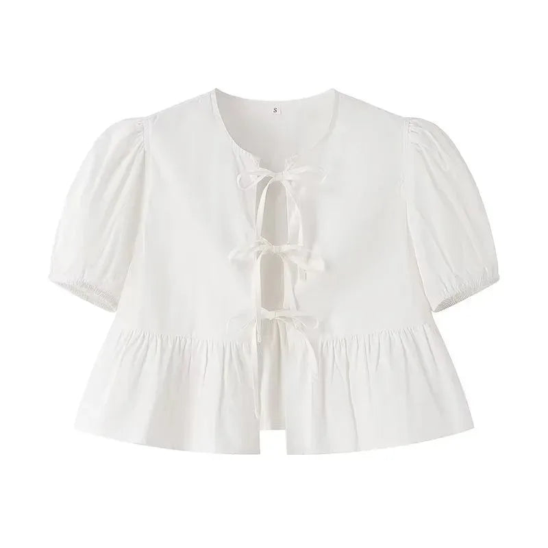 Ruffle Blouses Woman Puff Sleeve Shirts and Blouses for Women White Black Ruched Crop Top Female Ruched Women'S Blouse