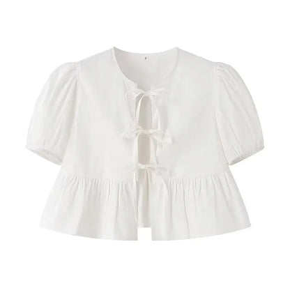 Ruffle Blouses Woman Puff Sleeve Shirts and Blouses for Women White Black Ruched Crop Top Female Ruched Women'S Blouse