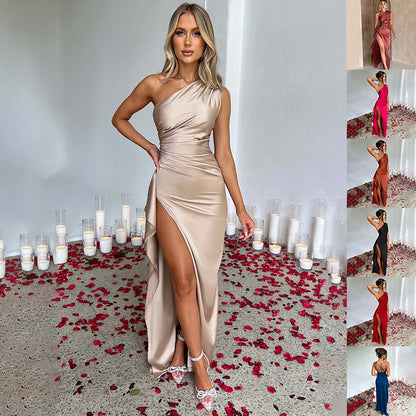 One-Shoulder Backless Slit Satin Dress