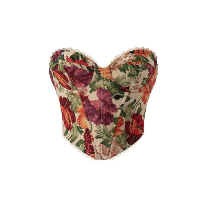 Vintage Flower Print Strapless Bandage Lace Fishbone Camisoles Women Summer Slim Fit Crop Tops Streetwear Tank 2025 Tube Tops