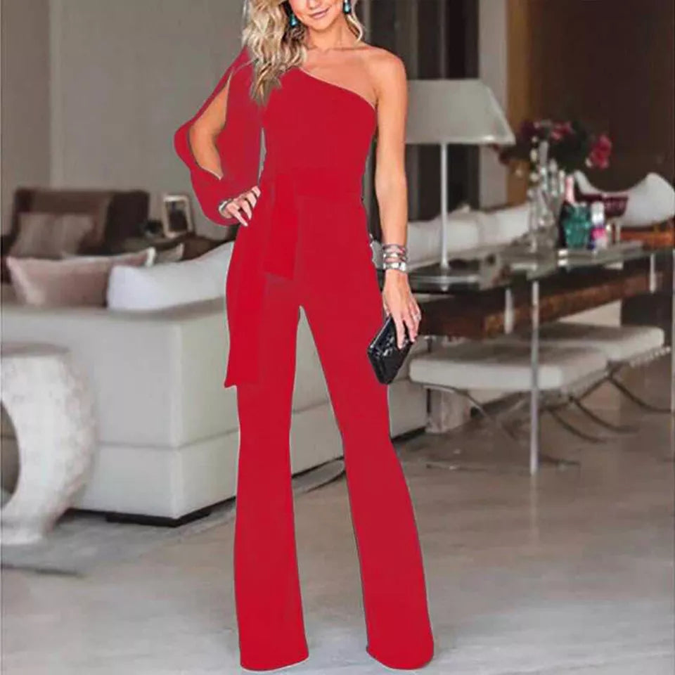  Damen One Shoulder Jumpsuit Mit Taillenband